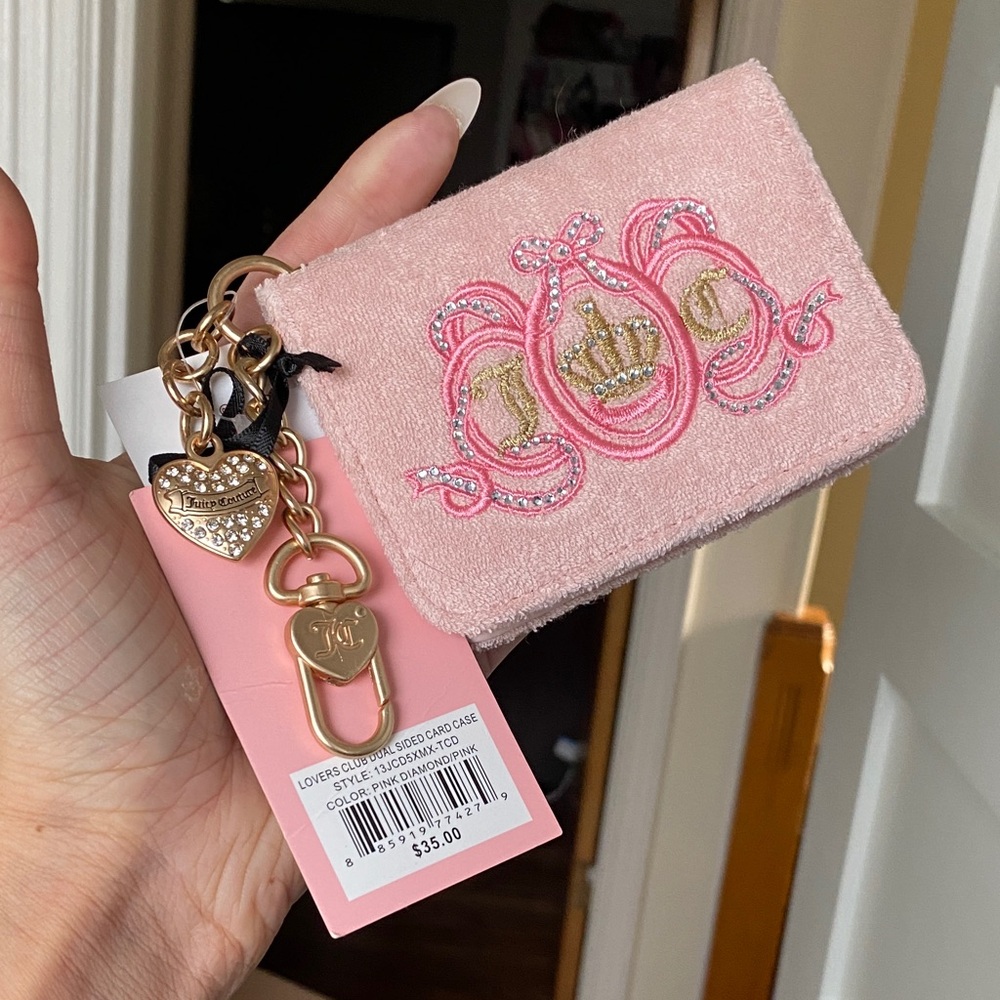 Juicy Couture Light Pink Embroidered Card Case Key Holder with Gold Charm